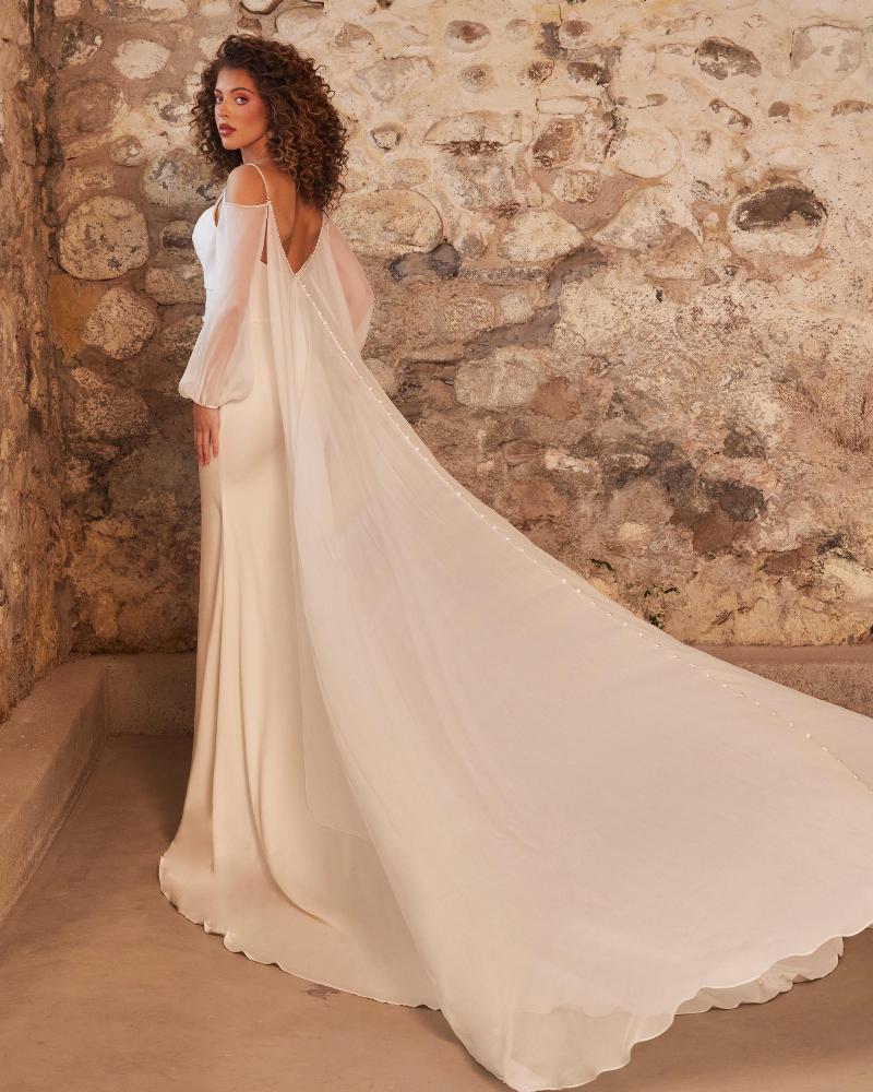 Lp2232 fitted satin wedding dress with buttons down the back and cape3